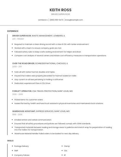 Driver Supervisor Resume