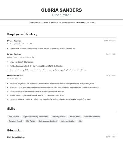 Driver Trainer Resume