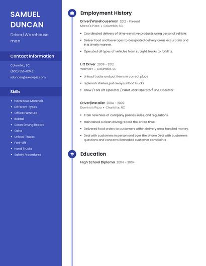 Driver/Warehouseman Resume