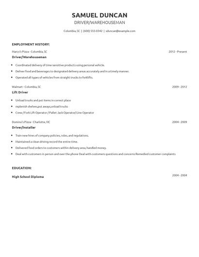 Driver/Warehouseman Resume