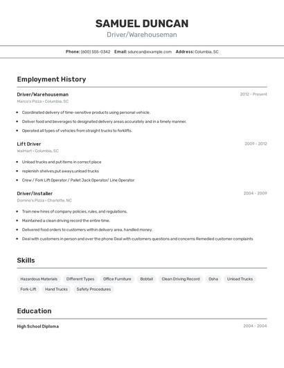 Driver/Warehouseman Resume