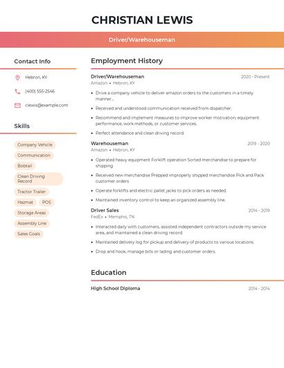 Driver/Warehouseman Resume