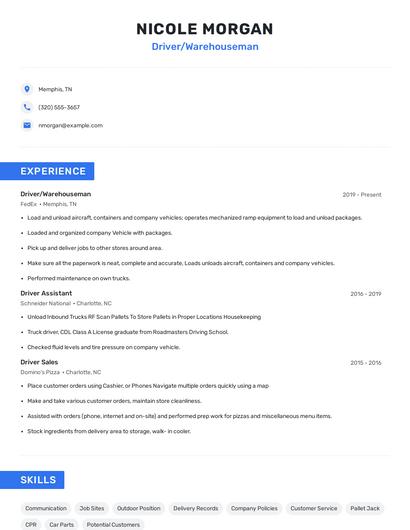 Driver/Warehouseman Resume