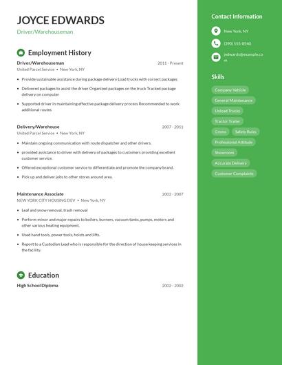Driver/Warehouseman Resume