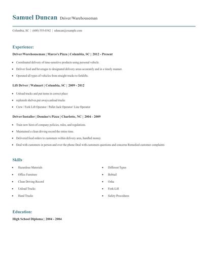 Driver/Warehouseman Resume