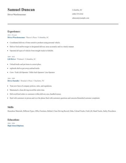Driver/Warehouseman Resume
