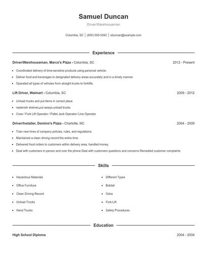 Driver/Warehouseman Resume