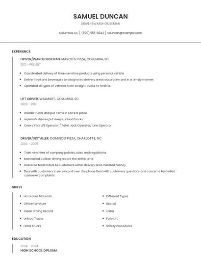 Driver/Warehouseman Resume