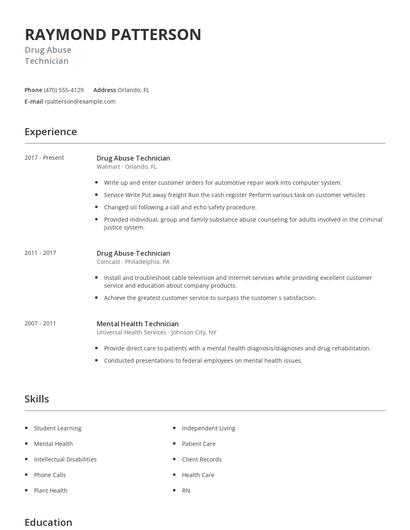 Drug Abuse Technician Resume