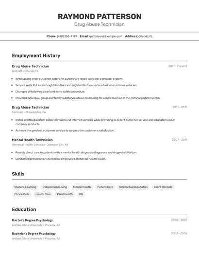 Drug Abuse Technician Resume