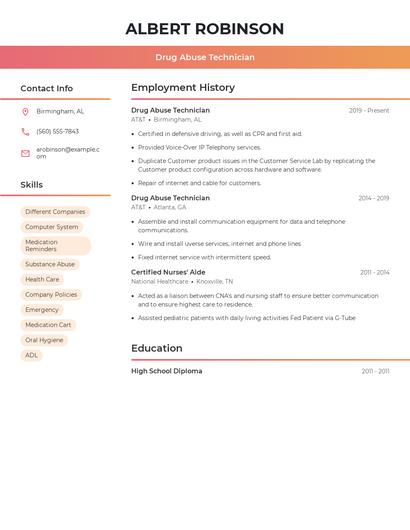 Drug Abuse Technician Resume