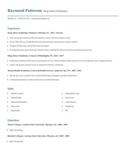 Drug Abuse Technician Resume