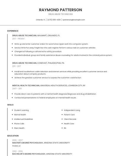 Drug Abuse Technician Resume