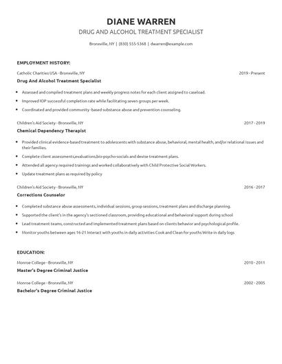 Drug And Alcohol Treatment Specialist Resume
