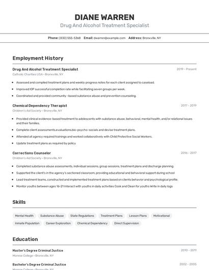 Drug And Alcohol Treatment Specialist Resume