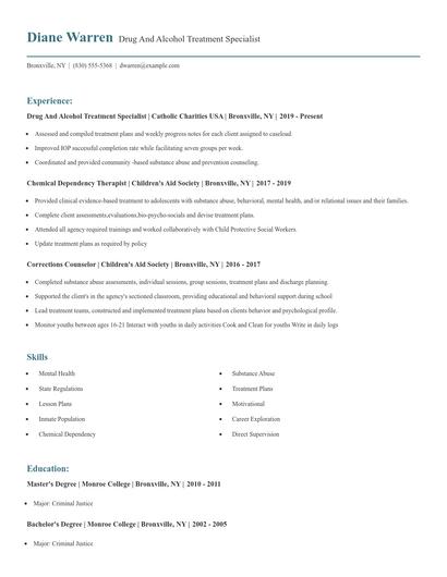 Drug And Alcohol Treatment Specialist Resume