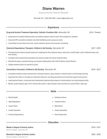 Drug And Alcohol Treatment Specialist Resume