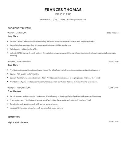 Drug Clerk Resume