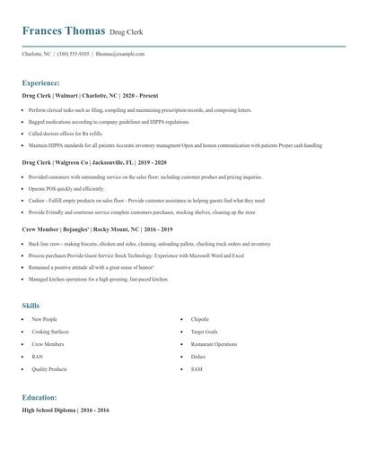 Drug Clerk Resume