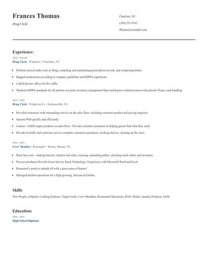 Drug Clerk Resume