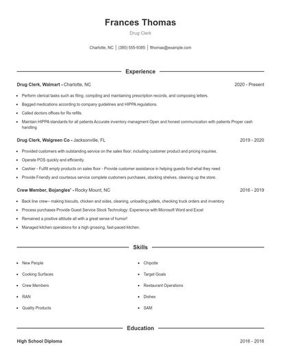 Drug Clerk Resume