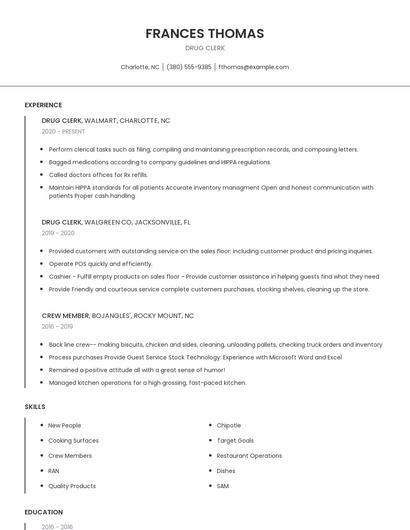 Drug Clerk Resume