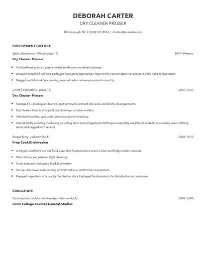 Dry Cleaner Presser Resume
