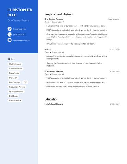 Dry Cleaner Presser Resume