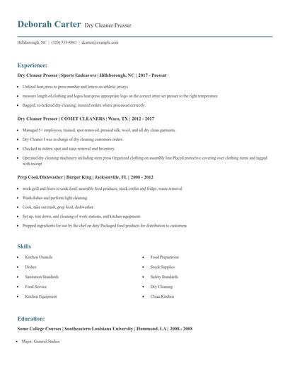 Dry Cleaner Presser Resume