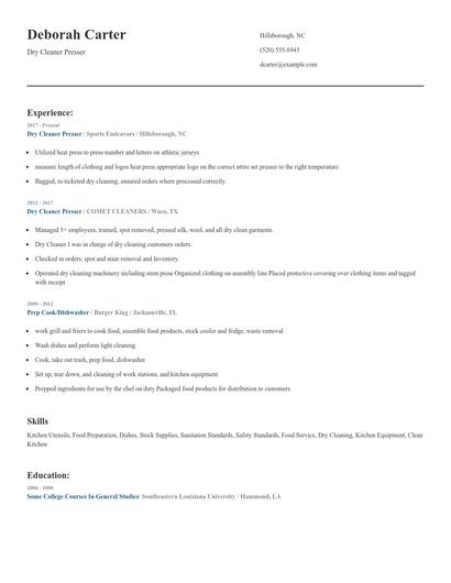 Dry Cleaner Presser Resume