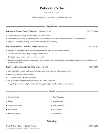 Dry Cleaner Presser Resume