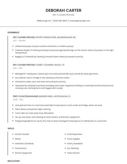 Dry Cleaner Presser Resume