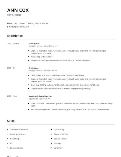 Dry Cleaner Resume