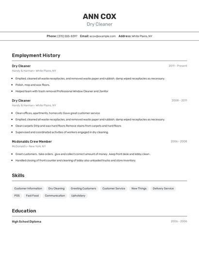 Dry Cleaner Resume