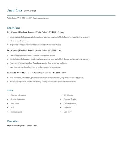 Dry Cleaner Resume