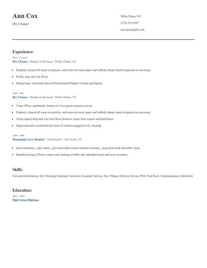 Dry Cleaner Resume