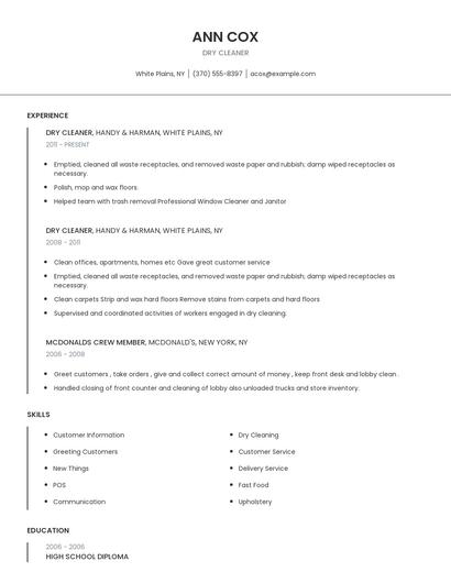 Dry Cleaner Resume