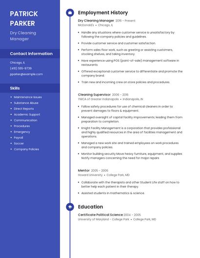 Dry Cleaning Manager Resume