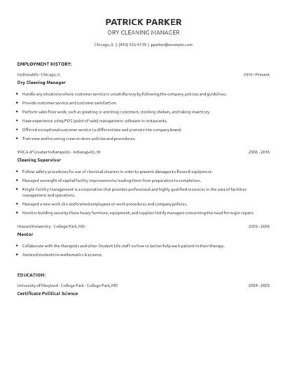 Dry Cleaning Manager Resume
