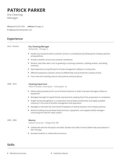 Dry Cleaning Manager Resume