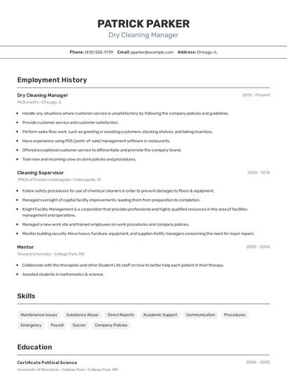 Dry Cleaning Manager Resume