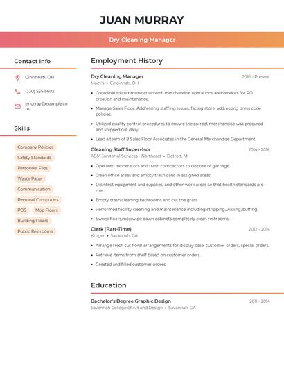 Dry Cleaning Manager Resume