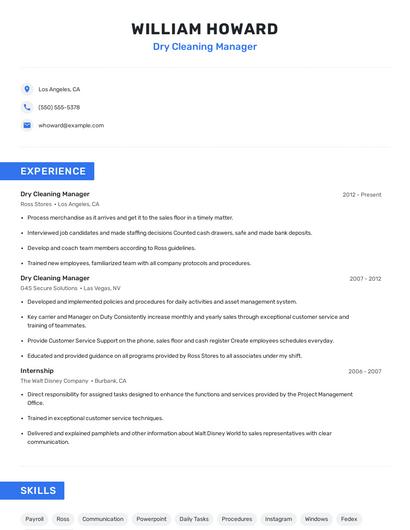 Dry Cleaning Manager Resume