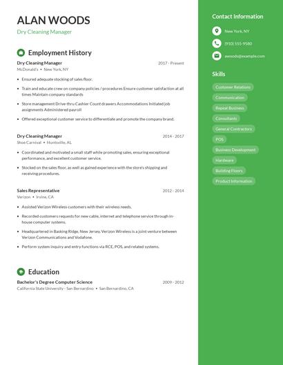 Dry Cleaning Manager Resume