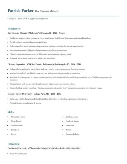 Dry Cleaning Manager Resume