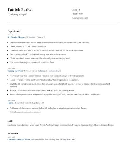 Dry Cleaning Manager Resume