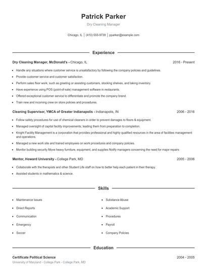 Dry Cleaning Manager Resume
