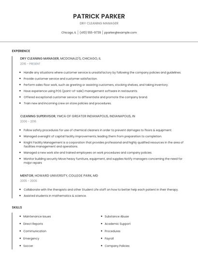Dry Cleaning Manager Resume