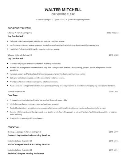 Dry Goods Clerk Resume