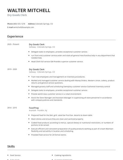 Dry Goods Clerk Resume